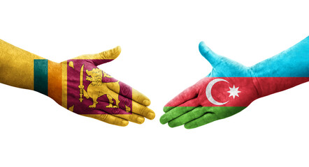 Handshake between Sri Lanka and Azerbaijan flags painted on hands, isolated transparent image.