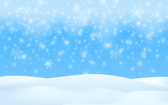 Winter season scene. Merry Christmas snow background. Vector 3d illustration glowing snowflakes falling. Winter landscape, blue sky, snowstorm. Empty space for product design.