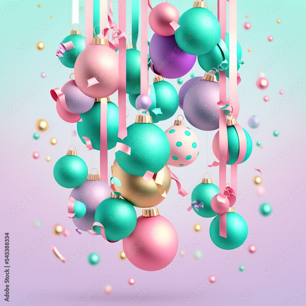 Wall mural Funny, ultra soft Christmas balls on a ribbon isolated on pink background. Pastel colors. Colorful poster and banner. Cartoon minimal air style. 3D illustration