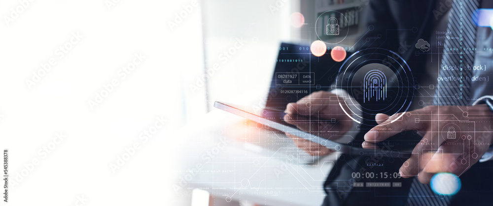 Wall mural businessman using tablet and fingerprint scanning to unlock and access business data network. biomet