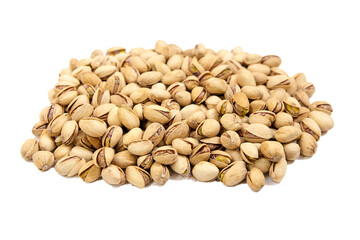 Pistachios isolated on white. Heap of pistachio nuts