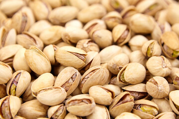 Pistachios as food background. Pistachio nuts, soft focus