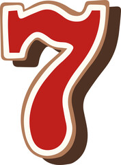 number figure 7 shaped Christmas gingerbread with white and red icing, doodle