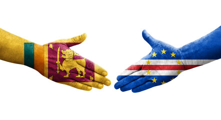 Handshake between Sri Lanka and Cape Verde flags painted on hands, isolated transparent image.