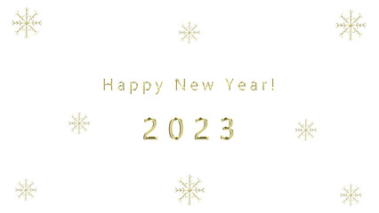 Happy New Year 2023 Card. New Years 2023 message with gold letters and numbers on transparent background with decorative gold snowflakes, PNG format.
