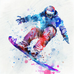 Jumping snowboarder. Watercolor illustration of a man on a snowboard. Snowboarding