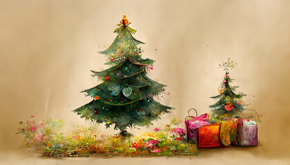 Weihnachtliches Dekobanner mit Weihnachtsbaum und Geschenke, Hintergrund Illustration
