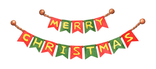 Christmas garland. Red and green flags with inscription. Banner merry christmas isolated on white background. Watercolor illustration.