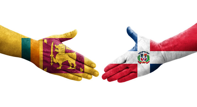 Handshake between Sri Lanka and Dominican Republic flags painted on hands, isolated transparent image.