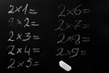 education school concept. elementary arithmetic multiplication table task written on a black...