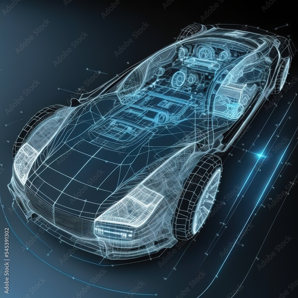 Poster A hologram of a Car in the HUD UI style. Futuristic service, scanning and automatic data analysis. Car development. 3d illustration