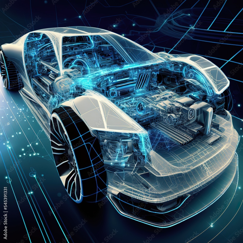 Poster a hologram of a car in the hud ui style. futuristic service, scanning and automatic data analysis. c