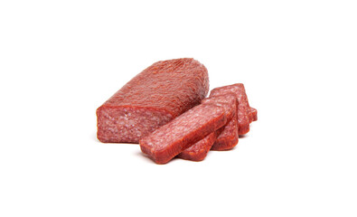 Premium smoked, dry and maturing salami sausage stick with pork and wild boar isolated on white background