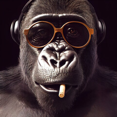 Illustration eines coolen Gorilla mit Sonnenbrille, Kopfhörer und Zigarette im Mund