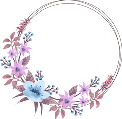 flower wreath with blue and purple watercolor flowers decoration