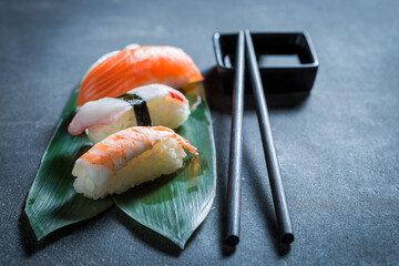 Tasty and fresh Nigiri sushi made of rice and salmon.