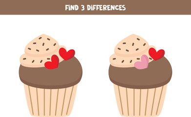 Find three differences between two cute cupcakes.