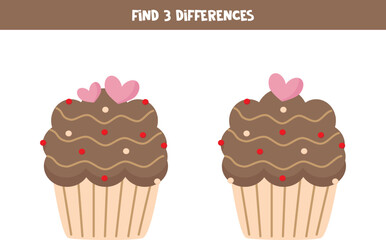 Find three differences between two cute cupcakes.