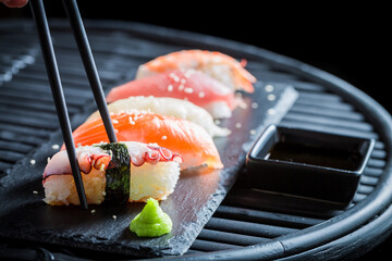 Delicious and healthy Nigiri sushi with shrimp and rice. © shaiith