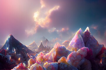 Obraz na płótnie Canvas Beautiful landscape of fantasy mountain and colorful background, digital illustration art, fantasy scene concept. Great as wallpaper, backdrop or for use in your art projects. 
