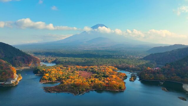 autumn at beautiful mountain lake, Japanese autumn landscape at Mount Fuji, Shoji lake aerial view at sunset, beautiful seasonal landscape