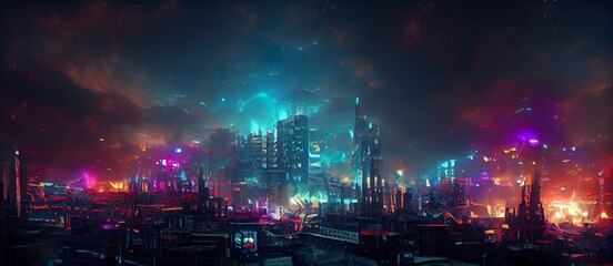 Fototapeta premium Beautiful landscape of fantasy cityscape and colorful background, digital illustration art, fantasy scene concept. Cyberpunk. Great as wallpaper, backdrop or for use in your art projects.