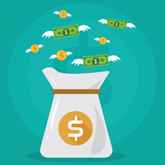 flying money vector, money bag, vector bag, currency,
