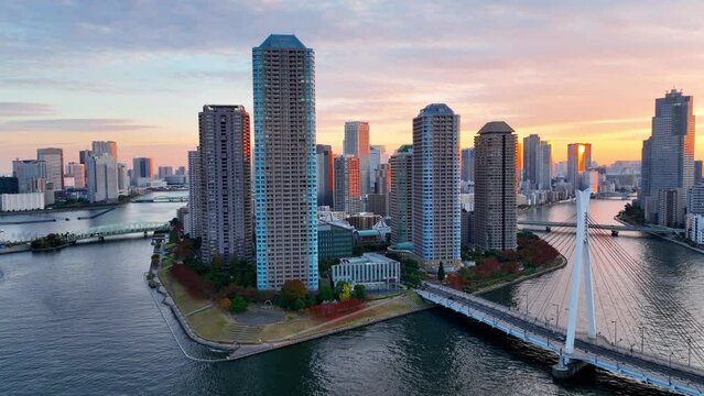 Tokyo sunset above Sumida River, aerial Tokyo cityscape with modern skyscrapers and busy highway traffic, asian metropolis in the evening