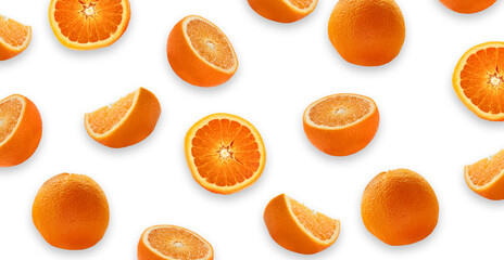 Oranges on a white background. Orange slices, cut orange on a white background.