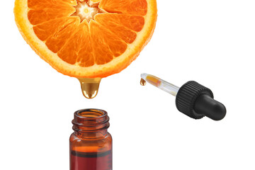 Vitamin C cosmetic product. Citrus fruit dropper bottle 3d mockup. Essential oil falling from a glass dropper and citrus.