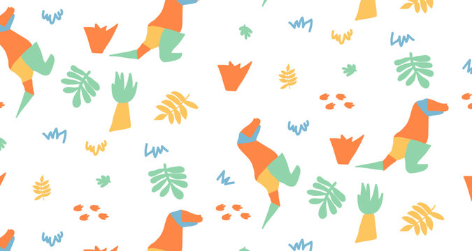 kids colorful seamless pattern with hand drawn dinosaurs, plants, ancient world. 