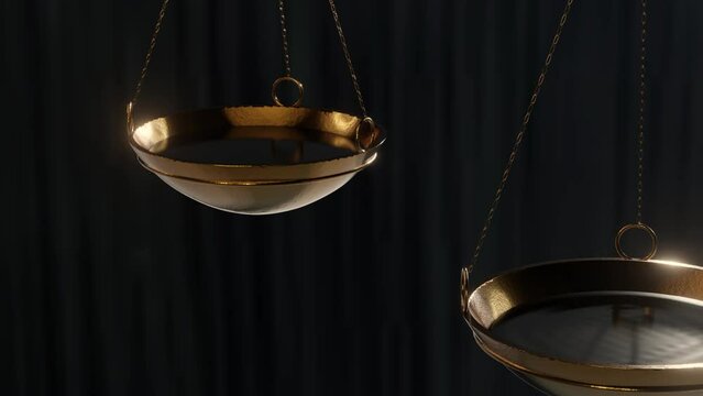 a drop falls on the scale. Golden scales represent balance, swinging. The concept of justice and balance. 3d model
