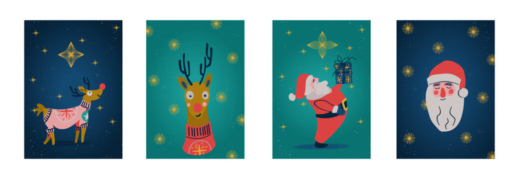 Conjunto de tarjetas de felicitación con decoración festiva, dibujos divertidos y alegres. Plantilla de diseño de Año Nuevo. Formato vertical y fondo transparente