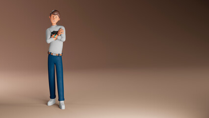 3d render of a male character with hands folded. Banner with place for text. For business design, online platforms, sites. 3D model of a young friendly man who smiles and crossed his arms.