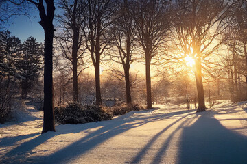 Beautiful sunset/sunrise over gorgeous winter landscape, digital art