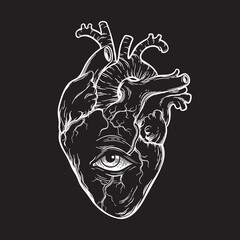 Anatomically correct human heart with eye hand drawn line art flash tattoo or print design vector illustration.