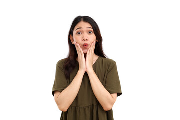 Fototapeta premium Beautiful young asian woman standing with surprised or amazed face expression. Isolated on white background