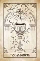 Holy grail goblet and eye of God in front of the gothic arch vector illustration. Hand drawn gothic style placard, poster or print design - obrazy, fototapety, plakaty