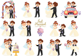 Vector set with bride and groom. Cute just married couple. Wedding ceremony illustrations. Cartoon marriage scenes with rings, cake, honeymoon car, arch, kissing, bouquet throwing, first dance.