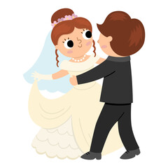 Vector illustration with bride and groom. Cute just married couple. Wedding ceremony icon. Cartoon marriage scene with husband and wife dancing their first dance. Newly married couple.