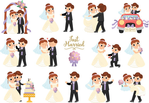 Vector set with bride and groom. Cute just married couple. Wedding ceremony illustrations. Cartoon marriage scenes with rings, cake, honeymoon car, arch, kissing, bouquet throwing, first dance.