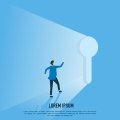 Life-changing secret door, business courage or challenge, key to success or step to see new opportunity, out to see outside concept, entrepreneur running step into keyhole door to new opportunity.
