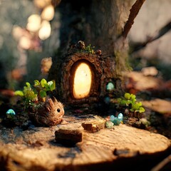 Illustration of a lovely wooden landscaping that glows. Made by AI.