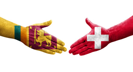 Handshake between Sri Lanka and Switzerland flags painted on hands, isolated transparent image.