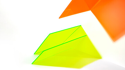 Photography of an orange and neon yellow acrylic sheet with shadow on white background. Stylish...