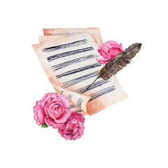 Sheet Music decorated with Pink Roses watercolor illustration on transparent background © Svetlana