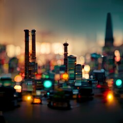 Illustration about an evening view of the city. Tilt-shift lens effect. Made by AI.