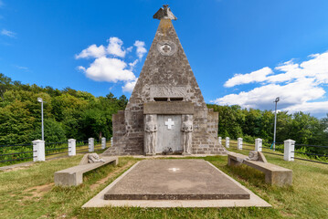 Fototapeta na wymiar Loznica, Serbia July 11, 2022: Memorial Ossuary at Gucevo in which the remains of Serb and Austro-Hungarian warriors, buried in this area in 1914, were buried at the beginning of the First World War.