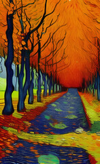 Digital painting illustration of fall landscape in Van Gogh painting style, oil imitation, autumn scene - 545400522
