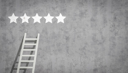 stairs leading to five star rating. 5 stars on grey wall. feedback review satisfaction service, Customer service experience and business satisfaction survey. copy space